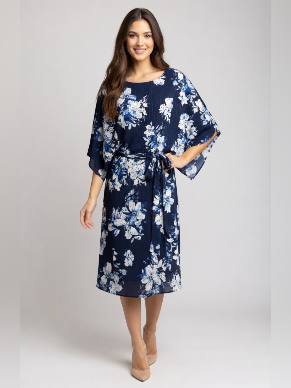 Jessica Howard Navy & White Floral Midi Belted Dress size 12